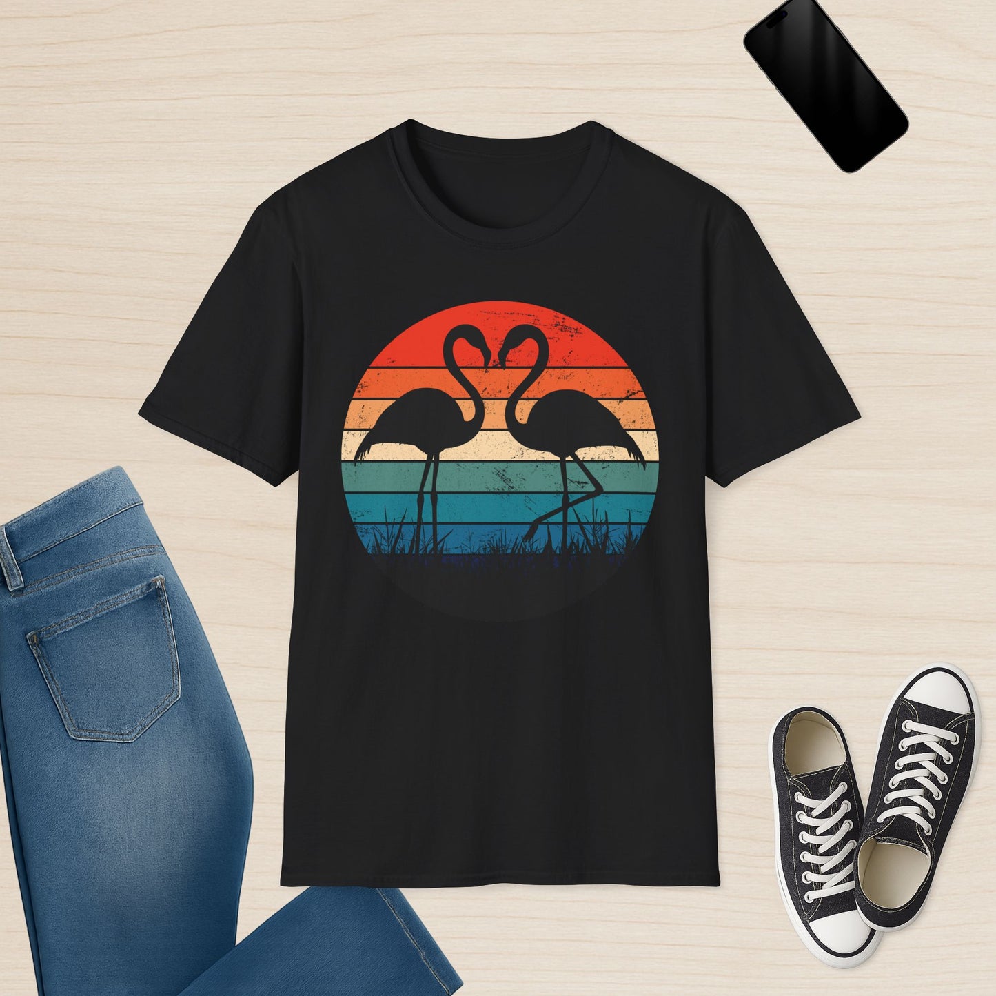 Flamingo Silhouette Retro Sunset Vintage Graphic T-Shirt