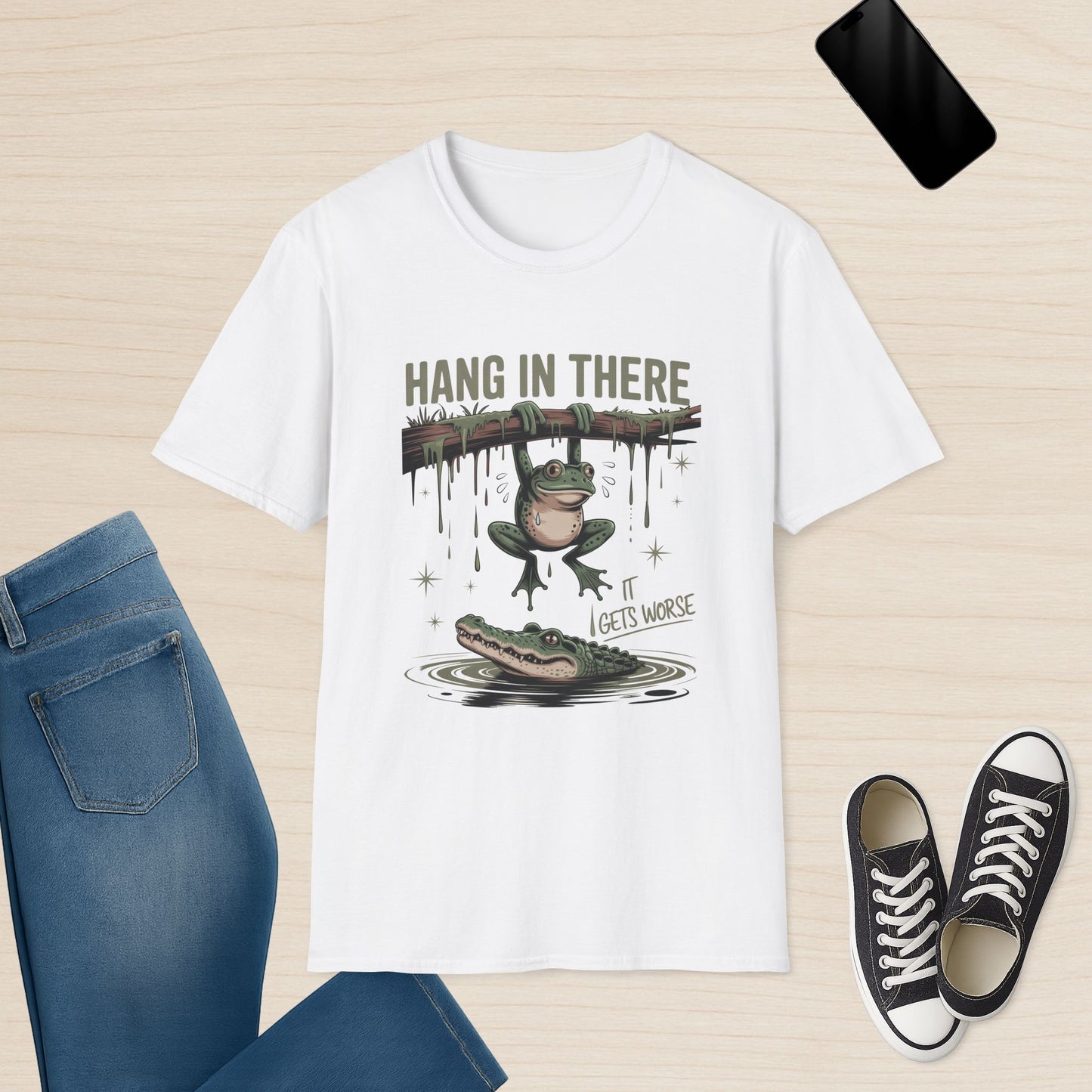 Hang in There It Gets Worse - Funny Frog and Alligator Tee