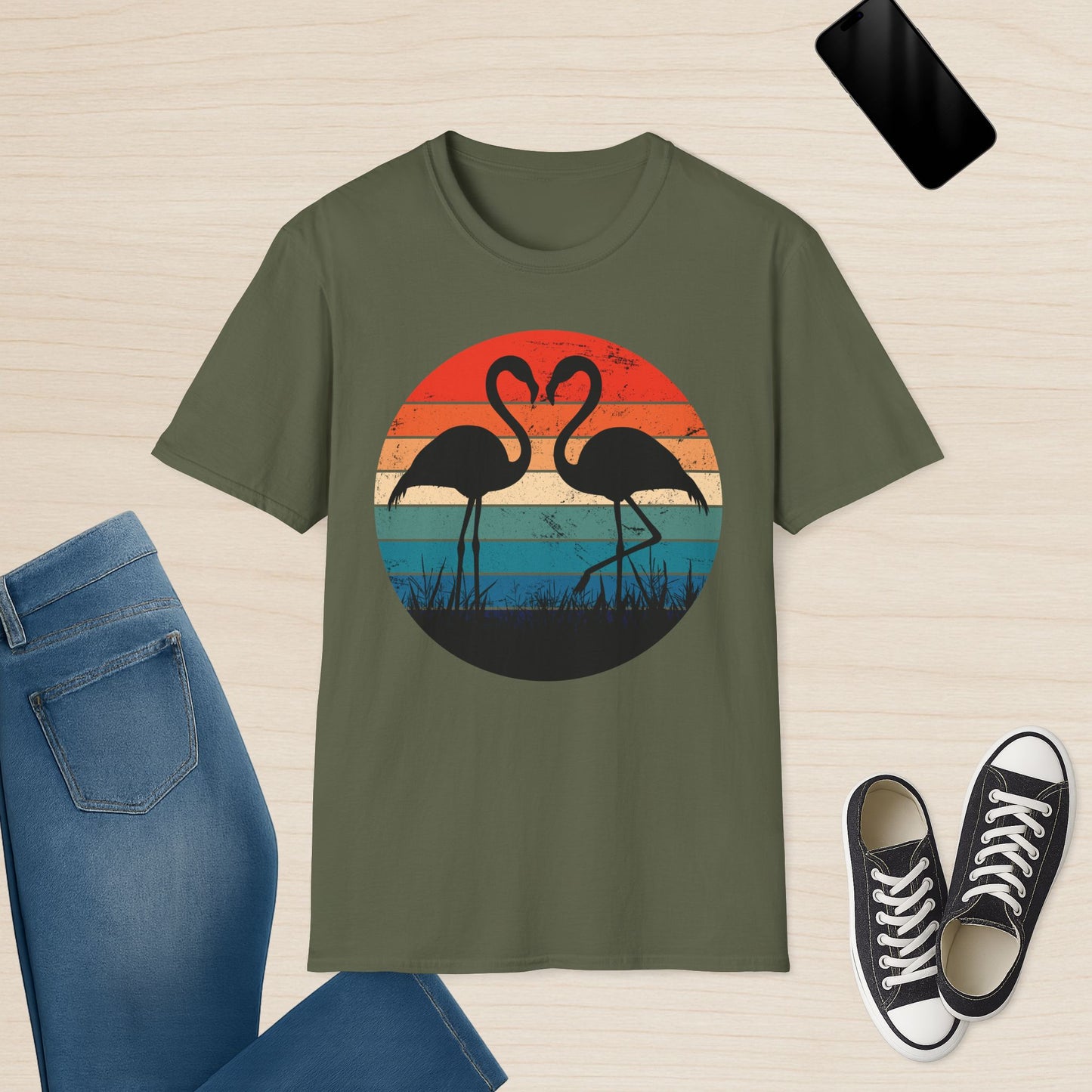 Flamingo Silhouette Retro Sunset Vintage Graphic T-Shirt