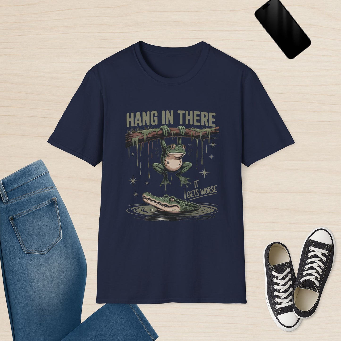 Hang in There It Gets Worse - Funny Frog and Alligator Tee