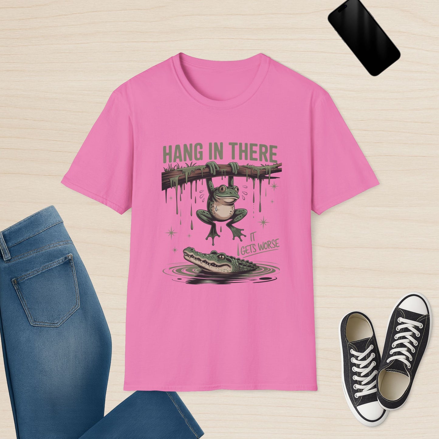 Hang in There It Gets Worse - Funny Frog and Alligator Tee