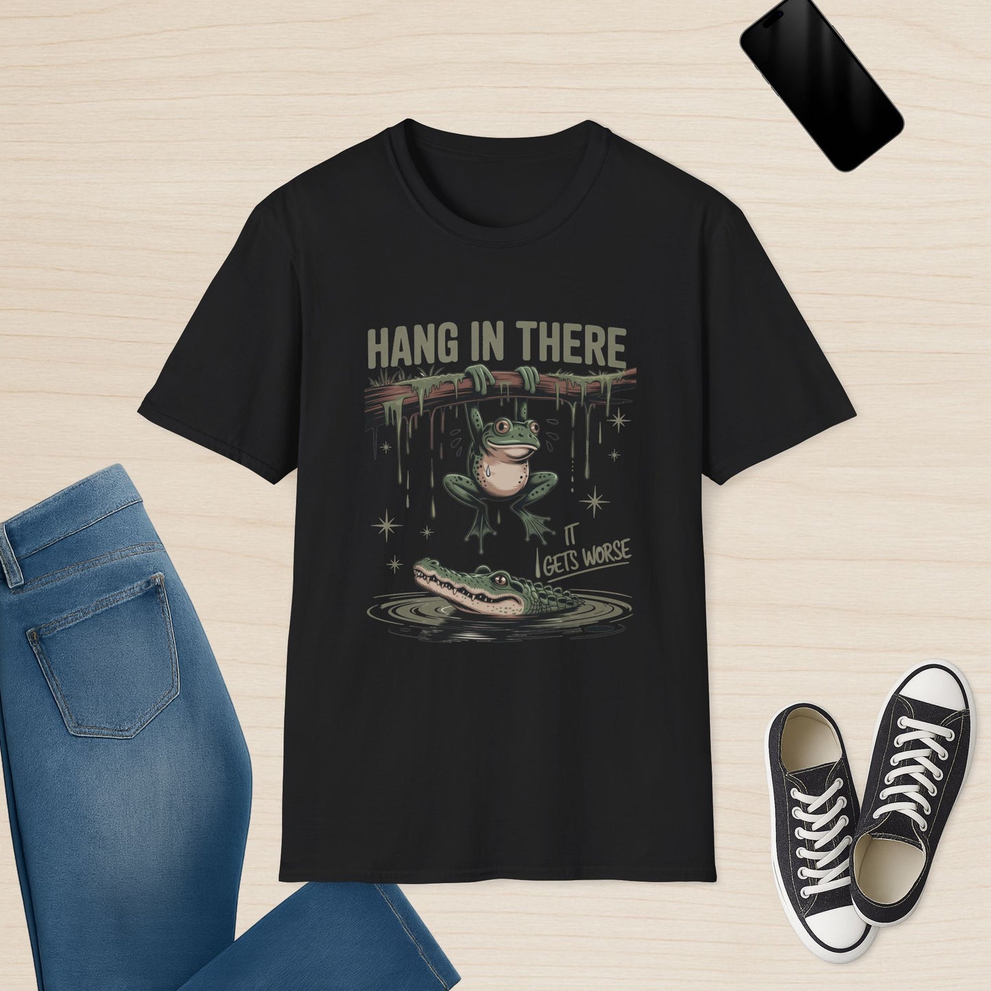 Hang in There It Gets Worse - Funny Frog and Alligator Tee