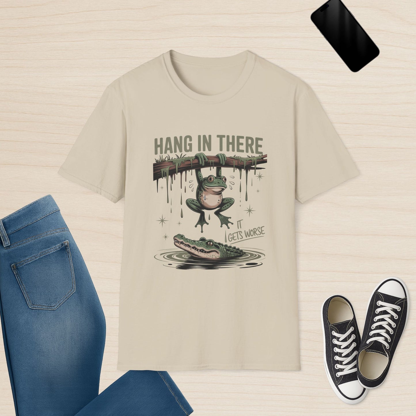 Hang in There It Gets Worse - Funny Frog and Alligator Tee