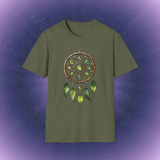 Camiseta con atrapasueños de piedra natal de peridoto de Leo